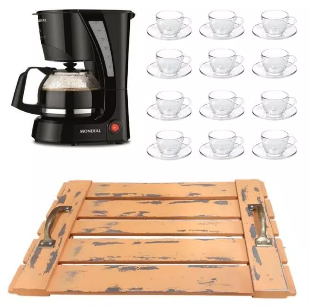 Kit Cafeteira Mondial  12 Xícaras e Bandeja alça laranja