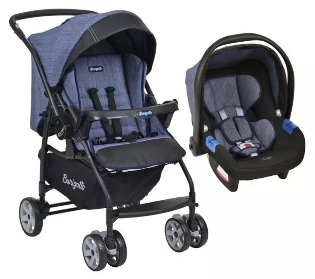 Conjunto Carrinho de Bebê Travel System Reclinável Reversível Rio K De 0 a 15kg com Bebê Conforto Touring X De 0 a 13kg Burigotto