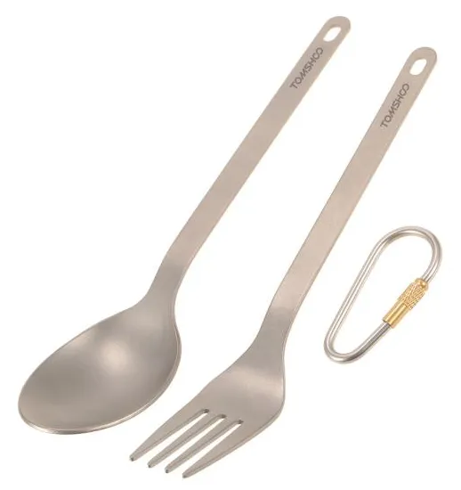 Tomshoo Titanium Louça Jantar Frok Colher Faqueiro Faqueiro com mosquetão Sack de armazenamento para casa ao ar livre Camping Fork & Spoon