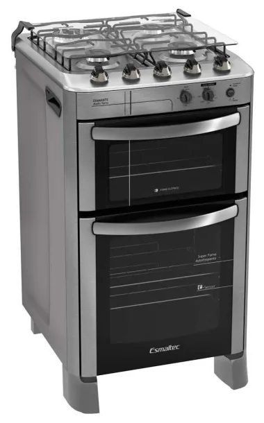 Fogão de Piso Esmaltec Diamante 4 Bocas Acabamento Inox Acendimento Automático com Forno Duplo Grill Timer Sonoro