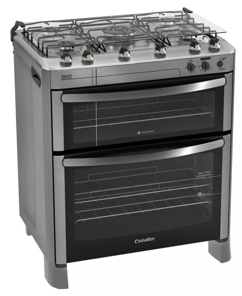 Fogão de Piso Esmaltec Diamante 5 Bocas Acabamento Inox Acendimento Automático com Forno Duplo