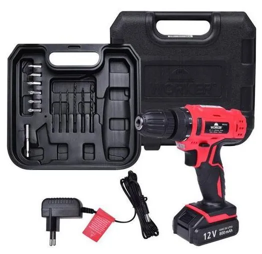 Parafusadeira Furadeira Bateria 12v Worker Kit Com 13 Peças