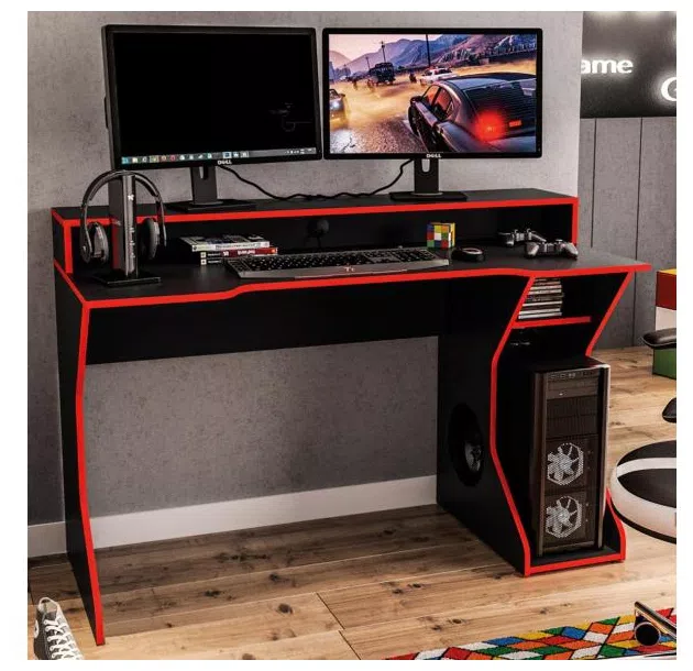 Mesa gamer Fremont para 2 monitores Preto/Vermelho Politorno