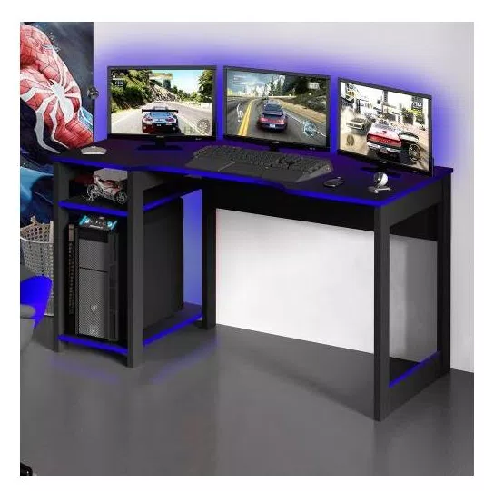 Mesa Gamer Destiny Ideal para 3 Monitores Preto/Azul - Tecno Mobili