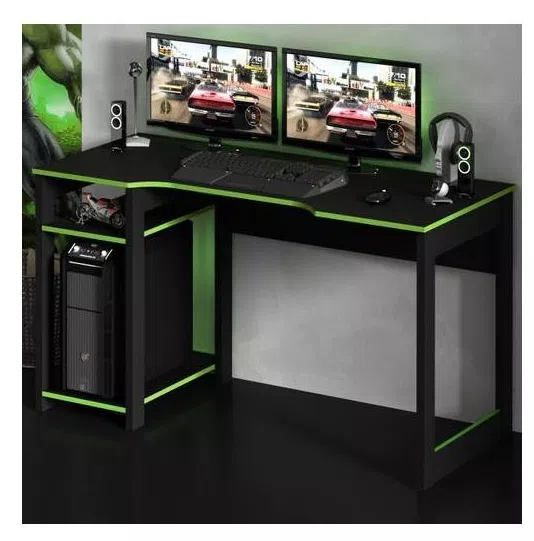 Mesa Gamer Destiny Ideal para 3 Monitores Preto/Verde - Tecno Mobili