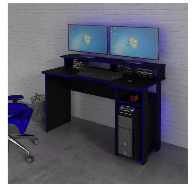 Mesa Para Computador Desk Gamer Me4153 Preto E Azul