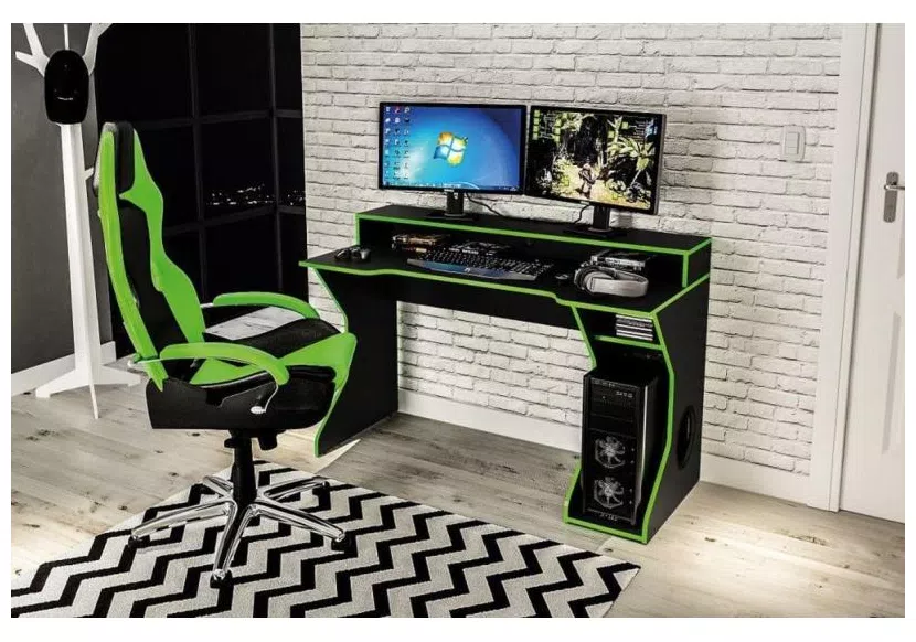 Mesa Gamer Fremont Para 2 Monitores Preto/Verde Politorno