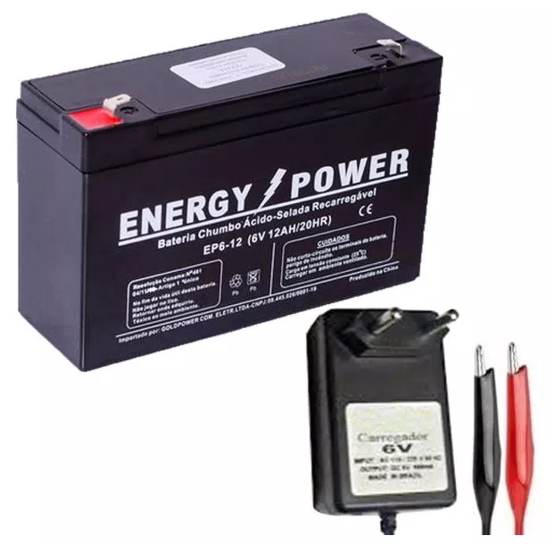 Bateria 6V 12Ah + Carregador 6V 800Mah Garra Jacaré Carro Carrinho Brinquedo Moto Elétrica