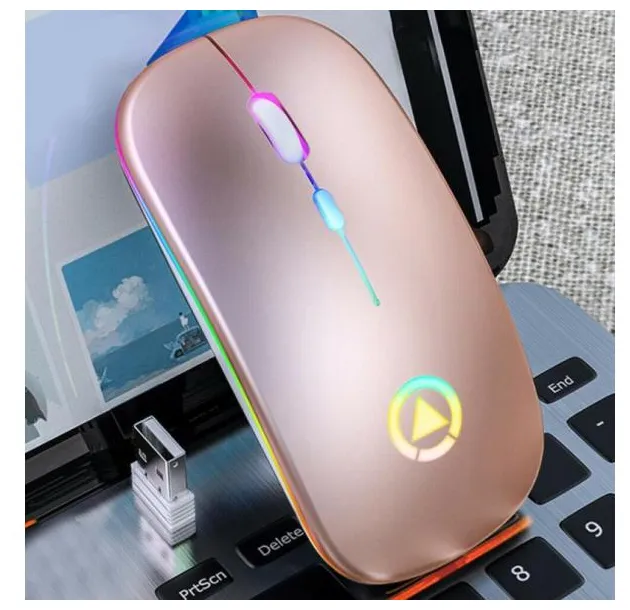 Mini mouse recarregável ultrafino, mouse óptico ergonômico sem fio e com luzes coloridas em led para