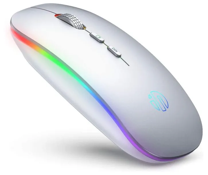 Mouse sem fio LED INPHIC, Mouse de computador sem fio Silencioso Recarregável 2.4G com botão home, ratos sem fio RGB para laptop, PC, Mac, Prata