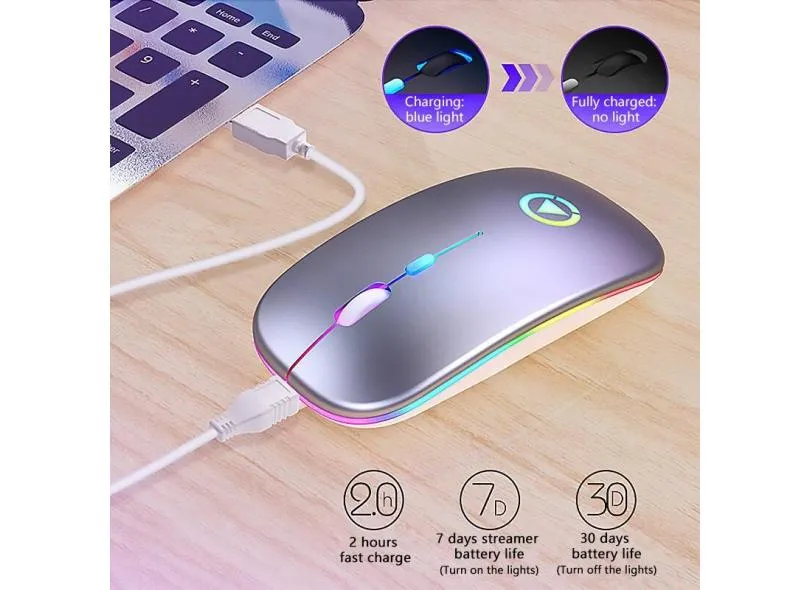 Mouse sem fio bluetooth rgb, mouse recarregável, computador, luz led, ergonômico, para jogos,