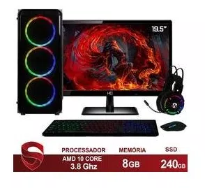 PC Gamer Completo AMD 10-Core CPU 3.8Ghz 8GB (Placa de vídeo Radeon R5 2GB) SSD 240GB Kit Gamer Skill Monitor HDMI LED 19.5"