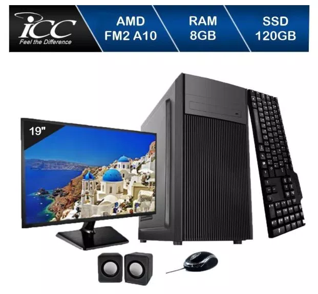 Computador Icc Processador Amd Fm2 A10 8gb de Ram Ssd 120 Gb Kit Multimídia Monitor 19 Windows 10