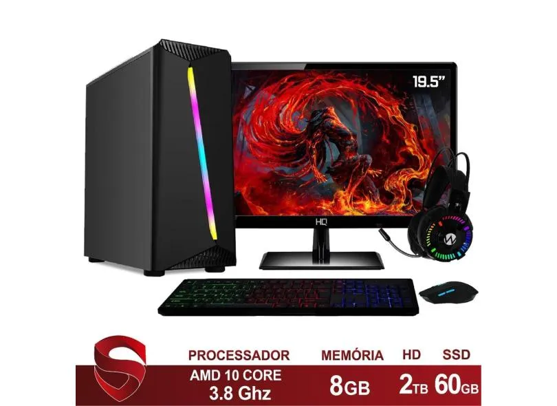 PC Gamer Completo AMD 10-Core CPU 3.8Ghz 8GB (Placa de vídeo Radeon R5 2GB) SSD e HD 2TB Kit Gamer Skill Monitor HDMI LED 19.5" Casual