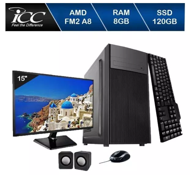 Computador Icc Processador Amd Fm2 A8 8gb de Ram Ssd 120 Gb Kit Multimídia Monitor 15 Windows 10