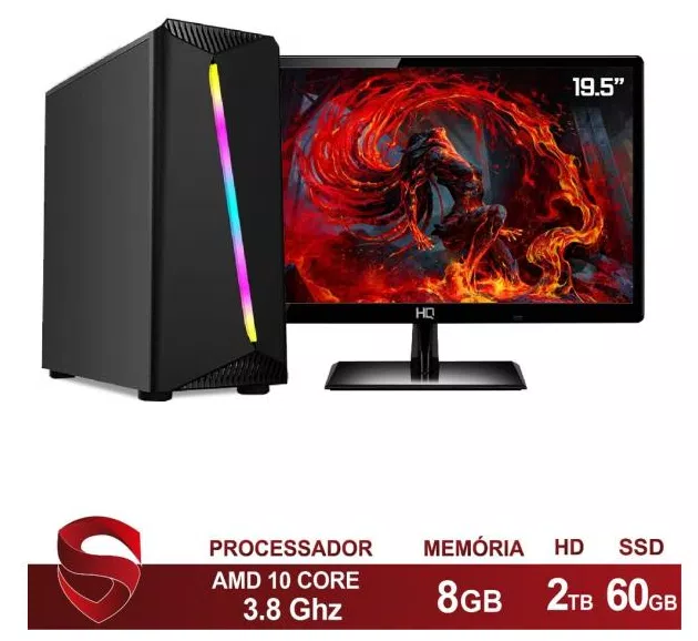 PC Gamer Completo AMD 6-Core CPU 3.8Ghz 8GB (Placa de vídeo Radeon R5 2GB) SSD 240GB Skill Monitor HDMI LED 19.5" Casual