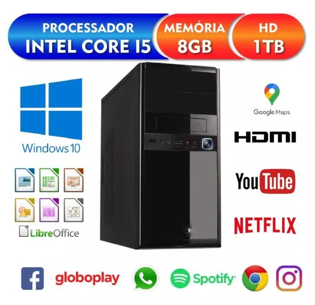 Computador Intel Core i5 8GB HD 1TB HDMI Full HD Áudio 5.1 canais PC CPU Windows 10 Quantum Flex