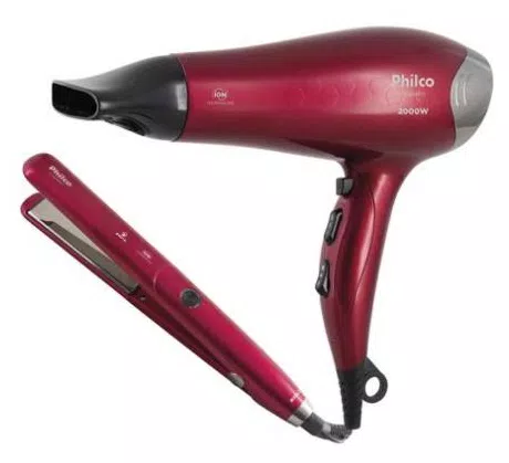 Secador de Cabelo Philco Kit Cherry e Prancha Emissão Íons Potência 2100 Watts