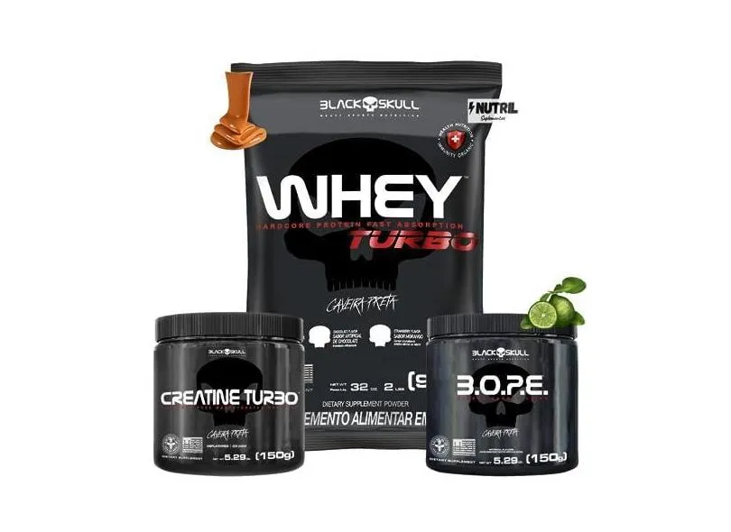 Whey Protein Concentrado + Creatina Monohidratada 150g + Pré-Treino B.O.P.E 150g - Kit Black Skull Para Ganho de Massa e Força (Whey Turbo Toffee - B.O.P.E Limão)