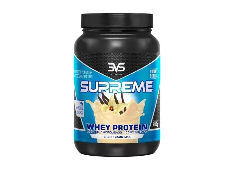 Whey Supreme 3W 900g - 3VS Nutrition - Sabor Baunilha. Rápida absorção, ganho e manutenção de massa muscular. Isolado, Hidrolisado, Concentrado. 28 gramas de proteína por porção. Muito saboroso, gourmet, textura cremosa