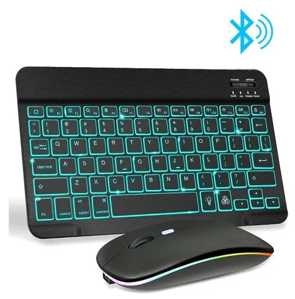 Mini teclado e mouse sem fio, kit rgb bluetooth, teclado e mouse com iluminação de fundo russo para