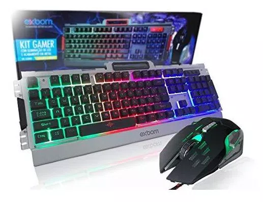 Kit Teclado Semi Mecânico Mouse Gamer Usb Abnt2 Iluminado Led Rgb Metal Exbom BK-G3000 Prata