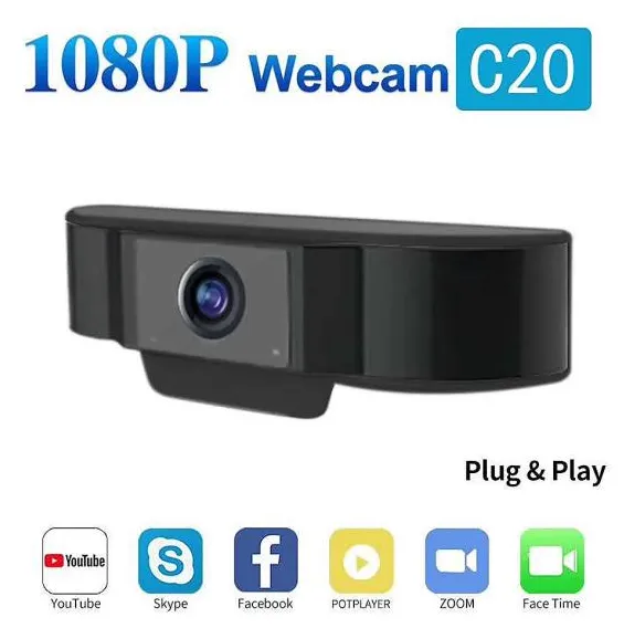 C20 Web Camera 1080P Webcam Plug-in USB pc Web Camera H.264 Wide Angle rotação de 360 graus on-line Ensino Estudar Video Camera Com dupla Mics Para Notebook Laptop monitor 