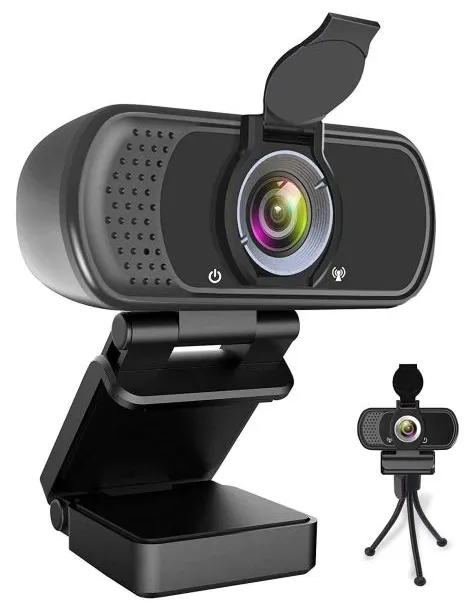 Webcam HD 1080P, Webcam com microfone, câmera usb desktop laptop com widescreen de 110 graus, Webcam de streaming para chamadas, gravação, conferência, jogos, webcam com obturador de privacidade e tripé