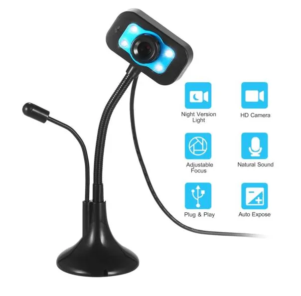 HD Webcam USB desktop Laptop Camera Mini Plug and Play Vídeo Chamada Camera computador com Mic versão da noite LED flexível rotativo stander 